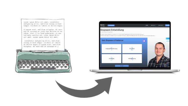 Webshop Relaunch das Bild zeigt den Verlauf von der Schreibmaschine bis hin zu einem modernen PC inkl. der Website