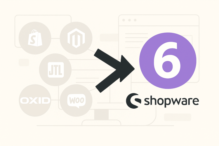 Shopware 6 Migration: Wechsel von Shopify, Magento, JTL, OXID und WooCommerce – Darstellung als Grafik mit Plattformlogos und Richtungspfeilen