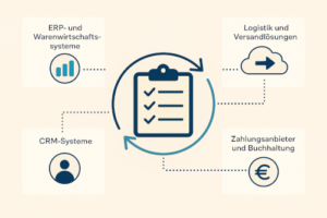 Zentral dargestellte Checkliste symbolisiert eine API, die per Pfeilen mit vier Systemen verbunden ist: ERP- und Warenwirtschaftssysteme, Logistik und Versandlösungen, CRM-Systeme sowie Zahlungsanbieter und Buchhaltung. Die Illustration zeigt automatisierten Datenaustausch im Shopware-Umfeld.