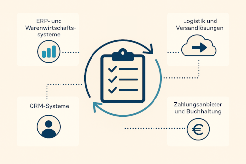 Zentral dargestellte Checkliste symbolisiert eine API, die per Pfeilen mit vier Systemen verbunden ist: ERP- und Warenwirtschaftssysteme, Logistik und Versandlösungen, CRM-Systeme sowie Zahlungsanbieter und Buchhaltung. Die Illustration zeigt automatisierten Datenaustausch im Shopware-Umfeld.