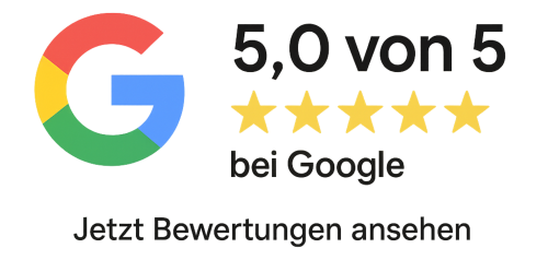 Grafik mit Google G-Logo, fünf goldenen Sternen und der Bewertung 5,0 von 5 – Hinweis auf Kundenbewertungen bei Google