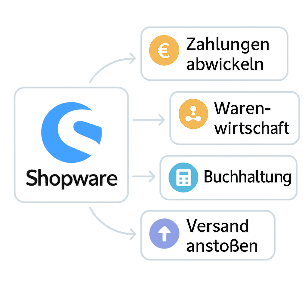 Shopware Logo mit vier verbundenen Funktionen: Zahlungen abwickeln, Warenwirtschaft, Buchhaltung und Versand anstoßen – als schematische Grafik mit Icons und Pfeilen.