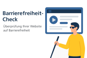 flache digitale Illustration zeigt verschiedene Personen mit und ohne Behinderung, die gemeinsam eine barrierefreie Website auf unterschiedlichen Geräten nutzen. Symbole für Tastaturnavigation, Screenreader und barrierefreies Design sind dargestellt.