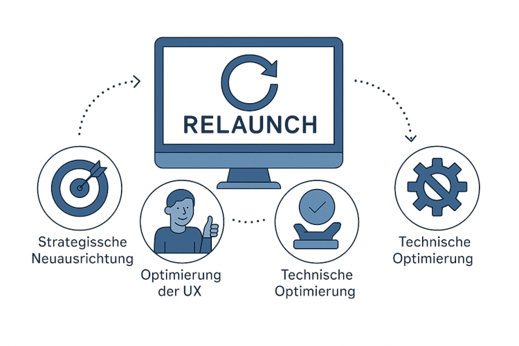Illustration mit Shopware-Relaunch-Elementen: strategische Neuausrichtung, UX-Optimierung und technische Umsetzung – dargestellt in Blau-Weiß mit minimalistischen Icons.