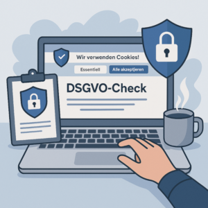 DSGVO-Check Laptop und Kaffeetasse und Tablet und Datenschutz-symbolen