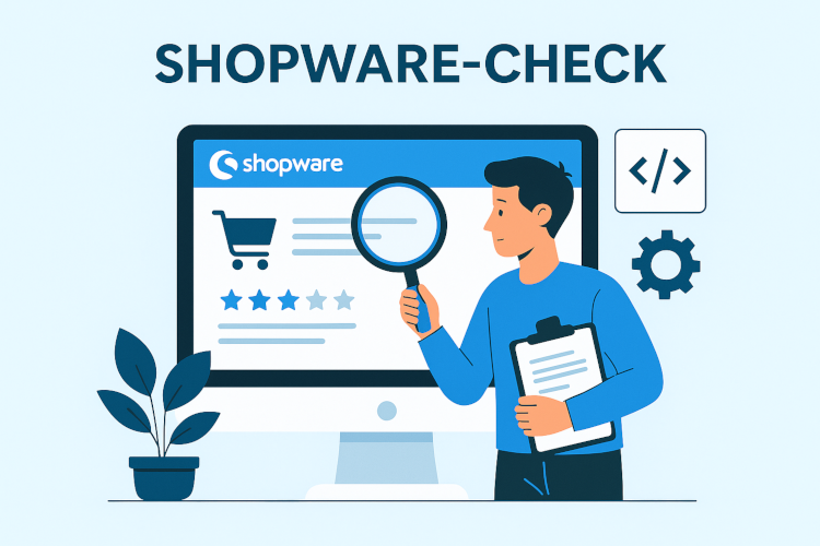 Digitale Illustration eines Laptops mit Shopware-Dashboard und Symbolen für Shop-Analyse und Optimierung.