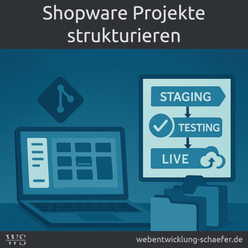 Illustration eines strukturierten Shopware-Workflows mit Laptop, Kanban-Board, Git-Symbol und Staging-, Testing- und Live-Prozessdiagramm.