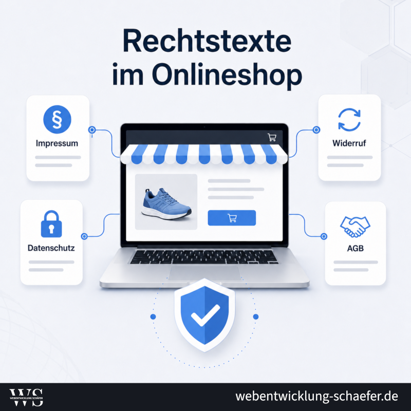 Illustration zu Rechtstexten im Onlineshop mit Laptop, Impressum, Datenschutz, AGB, Widerruf und Sicherheitssymbol