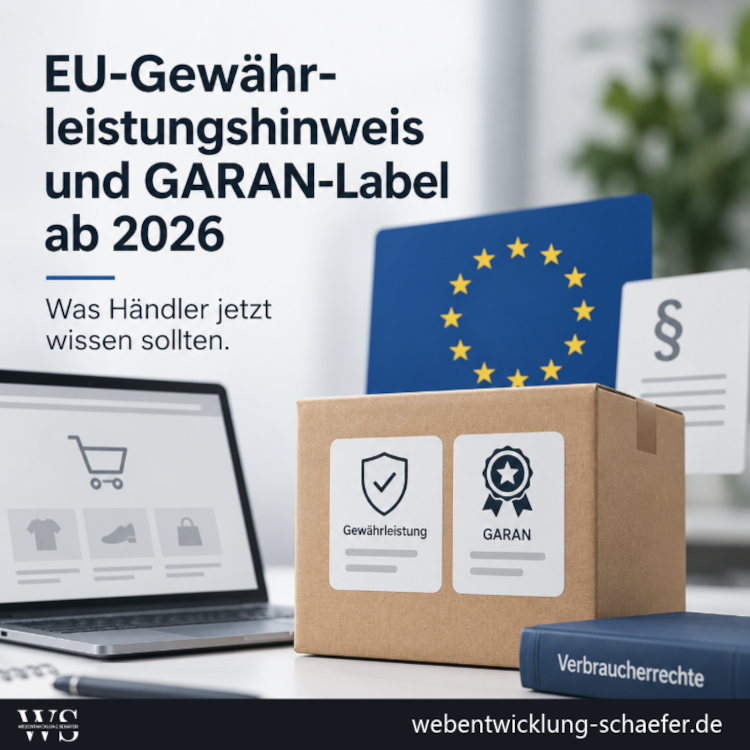 Illustration zum EU-Gewährleistungshinweis und GARAN-Label ab 2026 für Onlineshops und Händler.